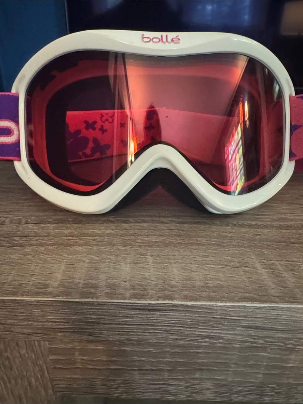 bolle Kids White Frame Pink Lens Ski Goggles with Purple Strap Accents
